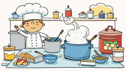 Poster - The kitchen was a bustling hub of activity pots and pans clanging together in a symphony of sizzling aromas. Moreover the wooden countertops were. Cartoon Vector.