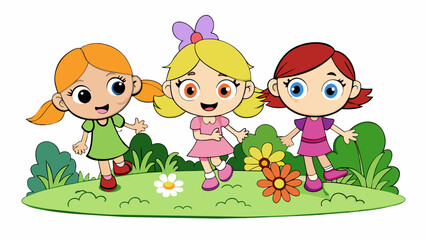 Fototapete - The little girls were flushed and rosy like tiny blooms in full bloom. They were soft to the touch warm and filled with life. Her eyes gleamed with. Cartoon Vector.