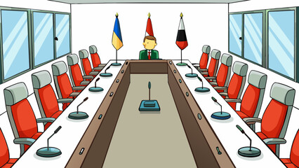 Poster - The meeting room is surrounded by floortoceiling windows offering a stunning view of the city below. In the center a long conference table is adorned. Cartoon Vector.