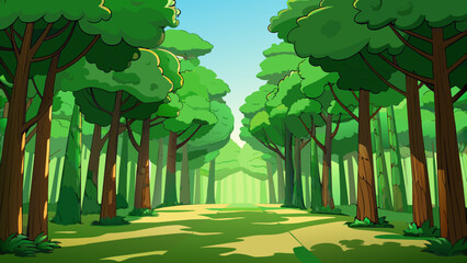 Fototapete - The lush forest was alive with deep shades of green the thick canopy blocking out most of the sunlight and creating a cool shadowy atmosphere. The. Cartoon Vector.
