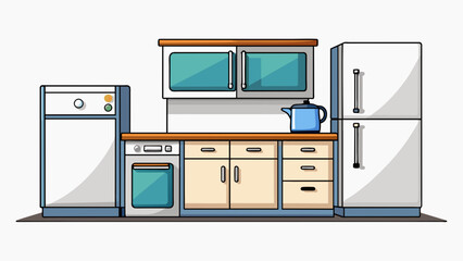 Poster - The mockup of a modern kitchen had sleek white cabinets with chrome handles and a granite countertop. It also featured a large stainless steel. Cartoon Vector.