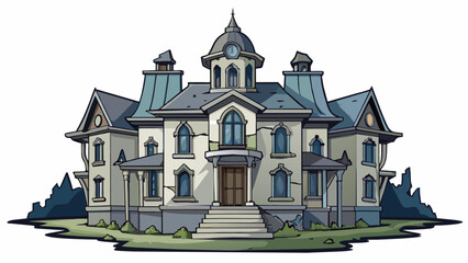 Wall Mural - The old decaying mansion looms in the distance its broken windows and crumbling walls giving off an eerie and haunting aura a reminder of its former. Cartoon Vector.