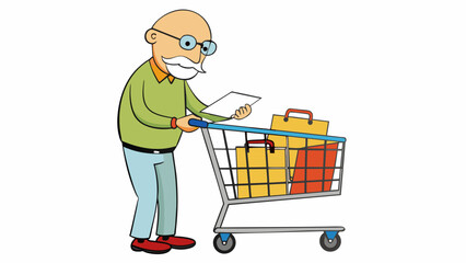 Aufkleber - The old man pushed his shopping cart through the store slowly ticking off each item on his list as he counted them into his basket.. Cartoon Vector.