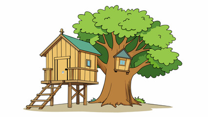 Fototapete - The old tree house stood proudly beside the towering oak tree its wooden planks weathered and fading from years of use.. Cartoon Vector.