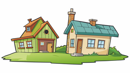Fototapete - The old worndown house had peeling paint and a crooked chimney whereas the modern house next door had a sleek design and a perfectly manicured lawn.. Cartoon Vector.