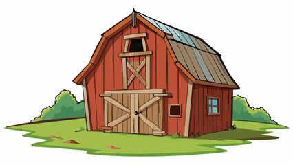 Canvas Print - The old weathered barn stood stoically in the field its wooden boards worn and chipped but still sy.. Cartoon Vector.