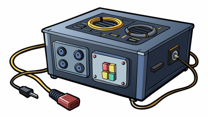 Sticker - The output is a bulky black box with various cords and plugs sticking out. The front panel has multiple buttons and a digital display showing. Cartoon Vector.