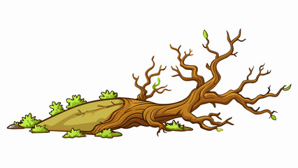 Aufkleber - The old tree was completely uprooted now lying on its side with its gnarled roots exposed to the air. Its branches once full and green were now wilted. Cartoon Vector.