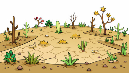 Fototapete - The once lush and beautiful garden is now a barren wasteland the soil dried and cracked dead plants and withered flowers tered around a silent witness. Cartoon Vector.