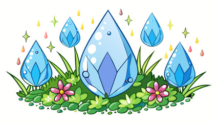 Fototapete - The raindrops were like glittering jewels as they glistened in the sunlight bouncing playfully off of leaves and flowers in the garden.. Cartoon Vector.