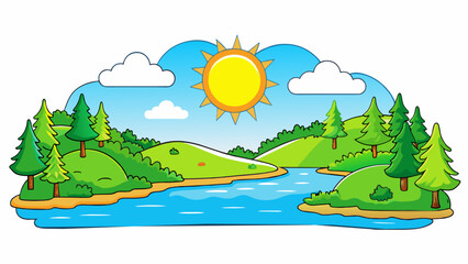 Aufkleber - The perfect summer day with the bright sun shining high in the sky the gentle breeze brushing through lush green trees and a picturesque lake. Cartoon Vector.