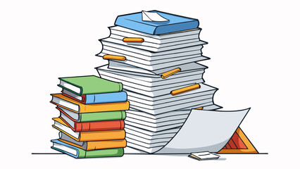 Poster - The pile of papers on the desk grew taller and taller with more and more documents being added to it signifying an increased workload and tasks to be. Cartoon Vector.