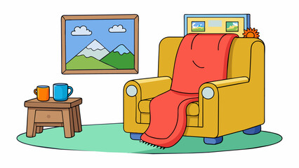 Fototapete - The recliner in the living room is positioned just right with a warm blanket dd over it. The TV is playing a calming nature documentary creating a. Cartoon Vector.