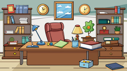 Fototapete - The professors office is a cozy and cluttered space filled with stacks of books and papers. The walls are lined with degrees and certificates while. Cartoon Vector.