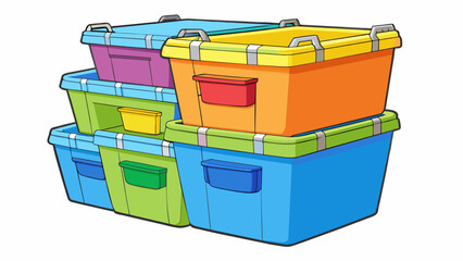 Fototapete - The relevant item was a set of colorful stackable plastic bins. Each bin had a different bright color and a clear label on the front to easily. Cartoon Vector.