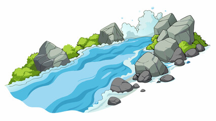 Aufkleber - The river rushed past the boulders with incredible speed and force its roiling waters underting the rocky shoreline as it flowed.. Cartoon Vector.