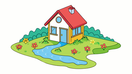 Fototapete - The small house nestled beside the bubbling stream its whitewashed walls reflecting the vibrant colors of the surrounding wildflowers.. Cartoon Vector.