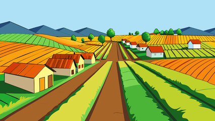 Leinwandbilder - The small village was largely agricultural with rows of crops stretching far into the horizon. The rich dark soil provided the perfect environment for. Cartoon Vector.