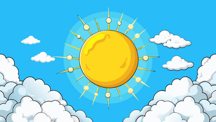 Poster - The sky above is a brilliant shade of light blue dotted with fluffy white clouds and a round yellow sun that never fully sets during the summer months. Cartoon Vector.