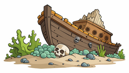 Poster - The skeletal remains of an ancient shipwreck jutted out from the ocean floor. Barnacles and algae covered the rusted metal giving it a weathered and. Cartoon Vector.