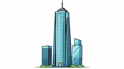Fototapete - The skyscr stood tall and sleek its towering height making it a prominent feature of the citys skyline. The reflective glass exterior reflected the. Cartoon Vector.