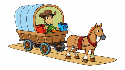 Aufkleber - The sound of hooves on the dirt road can be heard from miles away as a horsedrawn wagon slowly makes its way through the rugged terrain. The wagon is. Cartoon Vector.