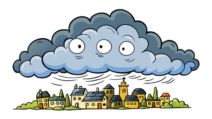 Aufkleber - The thick storm clouds loomed heavily in the sky casting a sense of foreboding over the town.. Cartoon Vector.