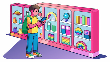 Fototapete - The third consumer is a teenager browsing through a tech store looking for a new phone case. They are drawn to the vibrant colors and unique designs. Cartoon Vector.