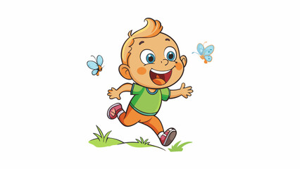 Fototapete - The toddler in the park ran around with a quickness that seemed almost impossible laughing and giggling as she chased after butterflies.. Cartoon Vector.