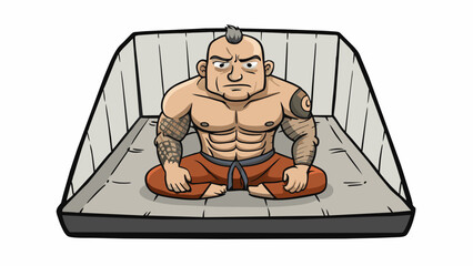 Poster - The third prisoner sat alone in his small cramped cell. He was a muscular man with a shaved head and numerous tattoos covering his arms and neck. A. Cartoon Vector.