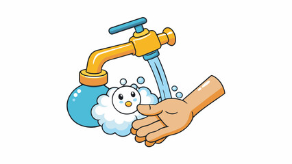 Poster - The third illustration depicts a pair of hands holding a bar of soap under a running faucet. The soap is white and smooth with small bubbles forming. Cartoon Vector.