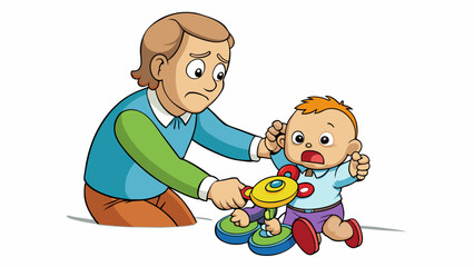 Poster - The toddlers grip on the toy was firm and determined their chubby little fingers refusing to let go despite their parents attempts to pry it away.. Cartoon Vector.