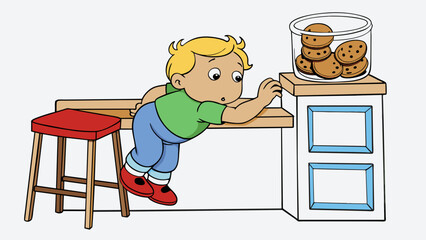 Aufkleber - The toddler tried to reach the kitchen counter but it was still too high for them. They pushed a chair over climbed on top of it and finally their. Cartoon Vector.