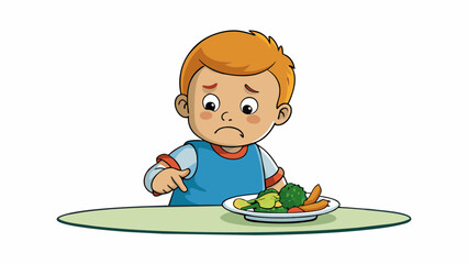Poster - The toddler stubbornly refused to eat his vegetables pushing his plate away with a determined look on his face. His small hands and pouty lips showed. Cartoon Vector.