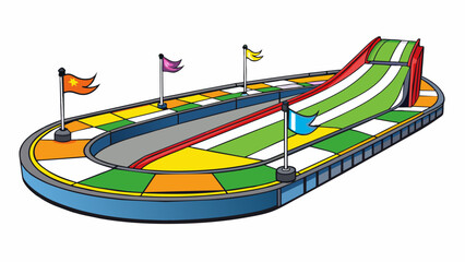 Canvas Print - The track at the raceway is lined with brightly colored flags marking the twists and turns. The smooth asphalt glistens under the bright stadium. Cartoon Vector.