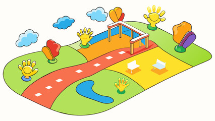Aufkleber - The track at the school playground is covered in colorful handprints and hopscotch drawings. Childrens laughter fills the air as they race each other. Cartoon Vector.