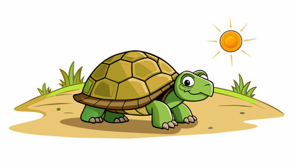 Fototapete - The tortoise plodded along the dusty path its heavy shell weighing it down. Its pace was slow but steady never faltering despite the hot sun beating. Cartoon Vector.