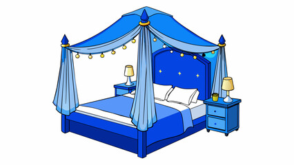Poster - The walls of the residents bedroom were painted a deep blue with a white canopy bed adorned with string lights in the center.. Cartoon Vector.