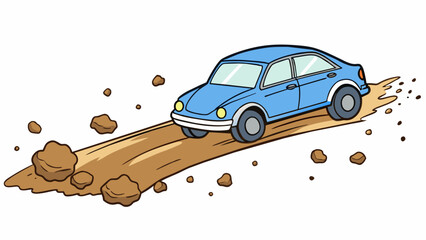 Poster - The wake of the car was a dusty trail on the dirt road kicked up by its spinning tires. The small rocks and debris danced in its wake before settling. Cartoon Vector.