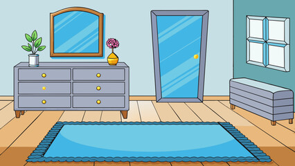 Poster - The walls of the bedroom were painted a calming shade of light blue creating a peaceful atmosphere. A plush gy rug covered the wooden floor adding a. Cartoon Vector.