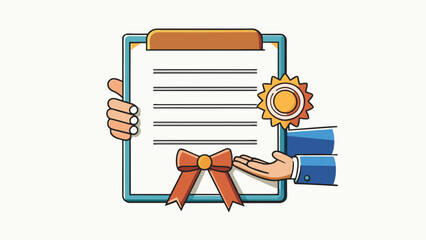 Poster - The winners certificate was held with beaming hands showcasing an elegant script and official seal that signaled their success.. Cartoon Vector.