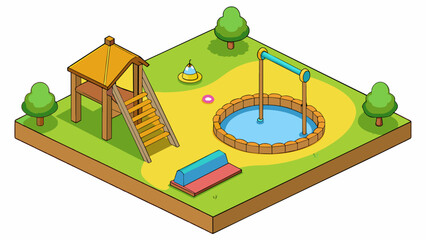 Poster - The yard is equipped with a wooden swing set a sandpit and a yellow slide making it a perfect play area for children. The grass is wellmaintained and. Cartoon Vector.