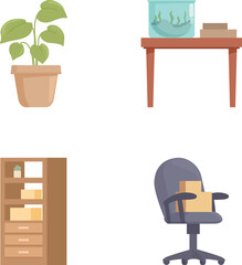 Poster - Collection of officethemed vector illustrations including a potted plant, fish tank, bookshelf, and office chair