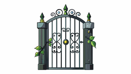 Sticker - This next gate is made entirely of metal with sharp pointed tips lining the top. The metal is painted black and has an intricate design of vines and. Cartoon Vector.