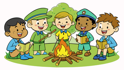 Fototapete - Troop B A team of scouts huddled together around a campfire roasting marshmallows on sticks. Their backpacks are propped against nearby trees with. Cartoon Vector.