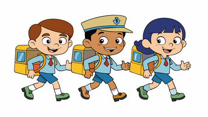Poster - Troop C A group of young students walking in a line towards their school bus with their backpacks slung over their shoulders. Each one is wearing a. Cartoon Vector.