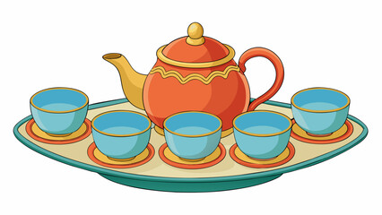 Poster - Traditional Chinese Tea Set A delicate and elegant tea set made from smooth porcelain. The set includes a small teapot adorned with intricate designs. Cartoon Vector.