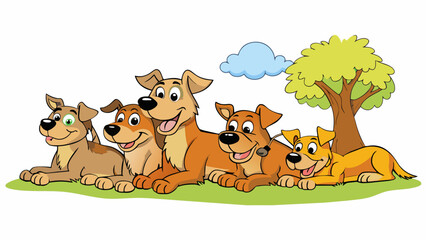 Fototapete - Troop D A pack of stray dogs lying under a tree panting in the hot sun. They are a mix of breeds with scruffy fur and wagging tails. Despite their. Cartoon Vector.