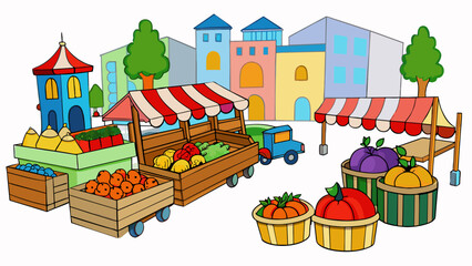 Aufkleber - Transport yourself to a bustling city square filled with the sights and sounds of a busy market. Colorful fruits and vegetables are piled high on. Cartoon Vector.