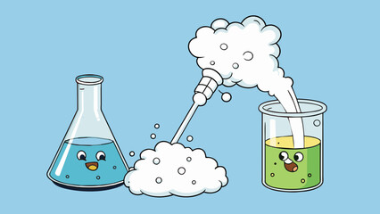 Poster - Two clear liquids are poured into a beaker and immediately a white cloudy substance forms and sinks to the bottom. The liquids bubble and release a. Cartoon Vector.
